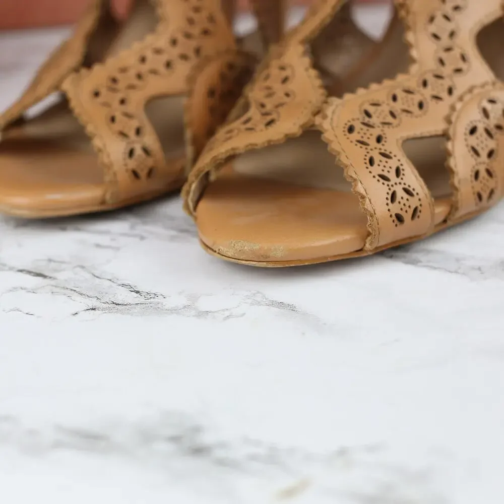 Zara Tan Brown Leather Cut Out Zig Zag Peep Toe Ankle Boot Heels 41 Women's